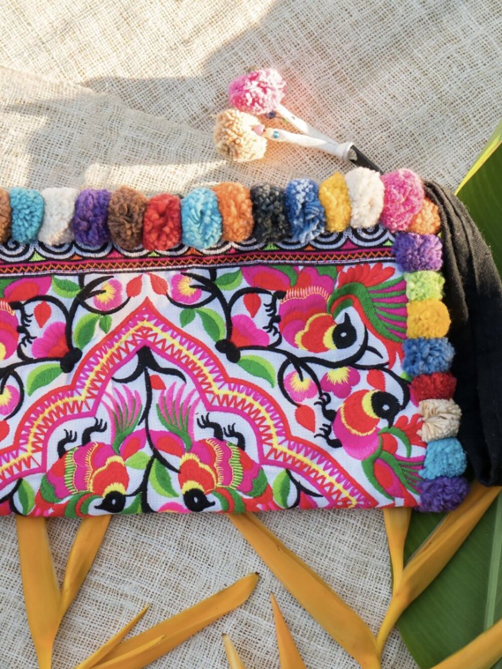 Hmong Embroidered Clutch Bag Boho Festival Purse Pom Pom Artisan Handmade